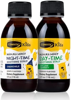 Comvita Kids Soothing Manuka Honey Soothing Syrup for Kids, Day Time + Night Time, Certified UMF 10+ Manuka Honey, Non-GMO, 4 fl oz Each
