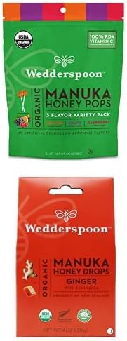 Wedderspoon Organic Manuka Honey Lollipops Variety Pack (24 Count, Pack of 1) and Manuka Honey Drops Ginger  Echinacea (20 Count, Pack of 1) -Genuine New Zealand Honey, Perfect Remedy For Dry Throats