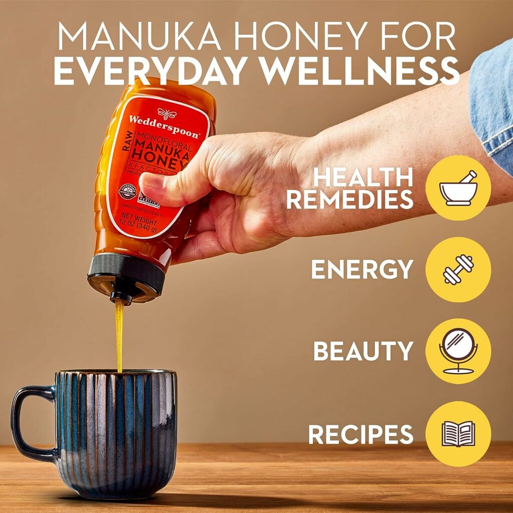 Wedderspoon Raw Premium Manuka Honey, KFactor 16, 12 Oz, Unpasteurized, Genuine New Zealand Honey, Multi-Functional, Non-GMO Superfood, Traceable from Our Hives to Your Home, Convenient Squeeze Bottle