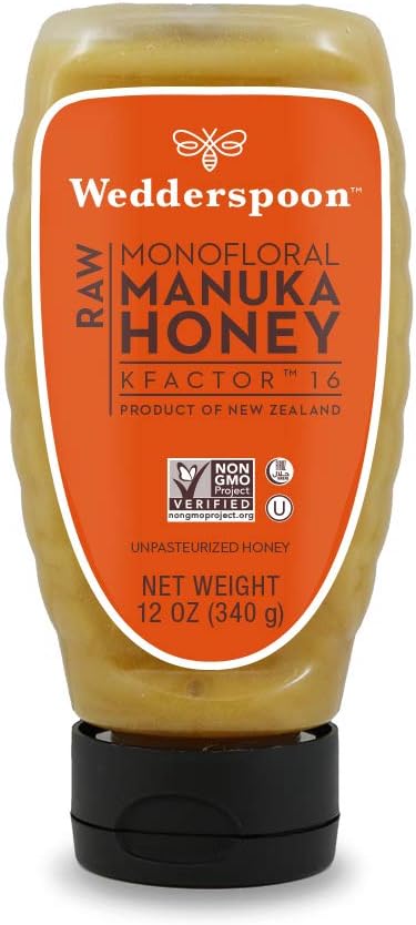 Wedderspoon Raw Premium Manuka Honey, KFactor 16, 12 Oz, Unpasteurized, Genuine New Zealand Honey, Multi-Functional, Non-GMO Superfood, Traceable from Our Hives to Your Home, Convenient Squeeze Bottle